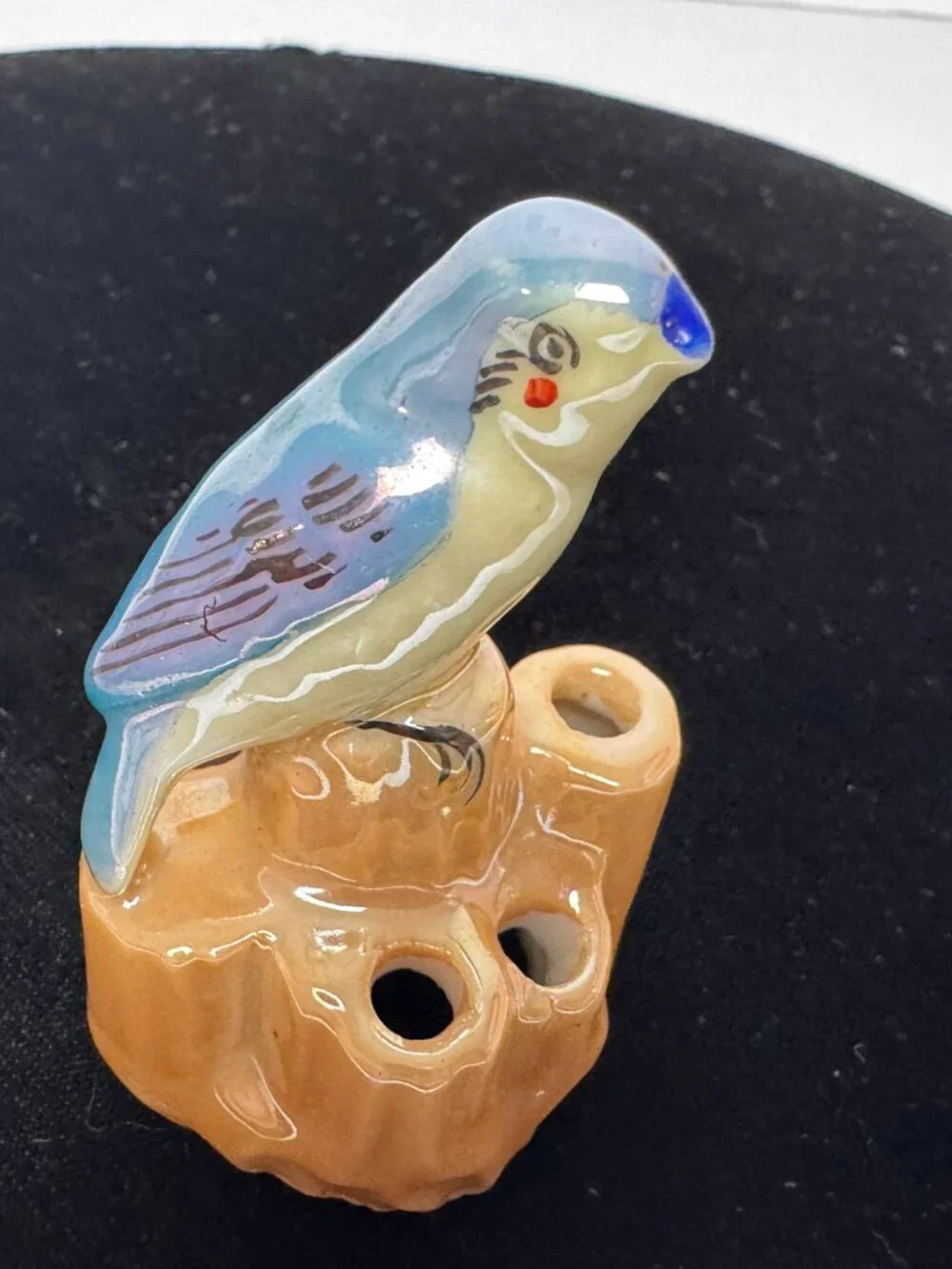 Antique 1930 - 1950s  Art Deco Luster Blue Sparrow song Bird Flower 6 hole